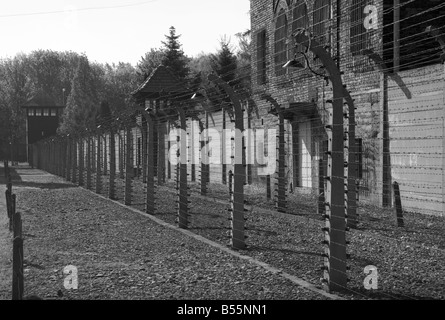 Zwei Reihen von Hochspannung elektrifizierte Stacheldrahtzaun einer äußeren Backsteingebäude und zwei Türme in Auschwitz ich Stockfoto