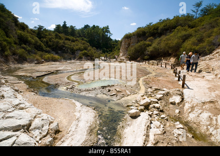 Heiße Quellen mit Mineral Ablagerungen im thermischen Bereich Wai-O-Tapu, in der Nähe von Rotorua, Nordinsel, Neuseeland Stockfoto