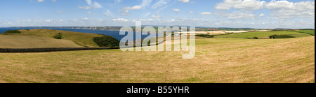 Blick über Devon Landschaft mit Wiesen und Ackerland Stockfoto