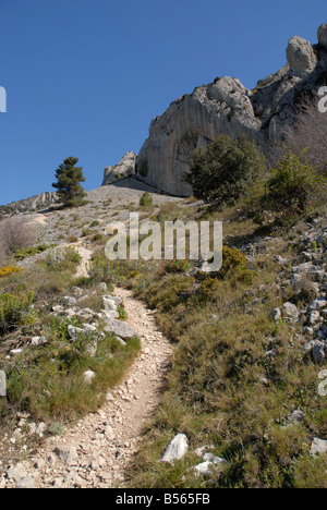 Pfad und Geröll Hang in der Nähe von Els Frares Rock Zinnen, Sierra de Serrella, Comtat, Provinz Alicante, Comunidad Valenciana, Spanien Stockfoto