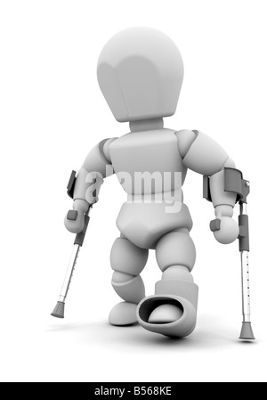3D Rendern von jemandem auf Krücken Stockfoto