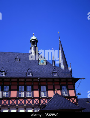 Die Schiefer geflieste Dach und Türme des Rathauses, Rathaus Wernigerode Harz montieren, Sachsen, Sachsen-Anhalt, Deutschland, Deutschland Stockfoto