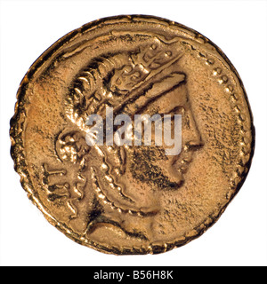 Gold Roman Aureaus Coin (Nachbau). Julius Caesar, geprägt, 48-47BC. Avers: Frauenkopf, wohl Venus. Stockfoto