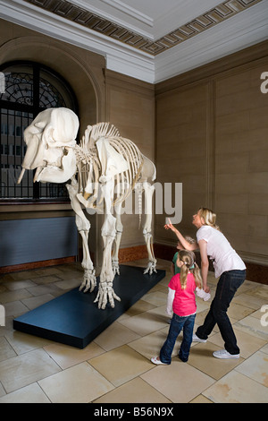 Mutter und Kinder betrachten ein Elefant-Skelett Stockfoto