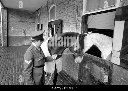 Dennis ist das erste Armee Pferd unter die jüngste Vereinbarung zwischen der RSPCA und des Verteidigungsministeriums in den Ruhestand gehen. Heute wurde bei Beaumont Barracks, Aldershot, Dennis die RSPCA übergeben. Dennis mit seinem Reiter CPL. Peter Spooner, verabschiedet sich die Pferde in den Baracken. Dezember 1969 Z12359-005 Stockfoto