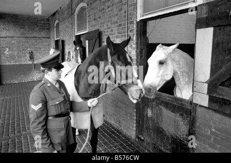 Dennis ist das erste Armee Pferd unter die jüngste Vereinbarung zwischen der RSPCA und des Verteidigungsministeriums in den Ruhestand gehen. Heute wurde bei Beaumont Barracks, Aldershot, Dennis die RSPCA übergeben. Dennis mit seinem Reiter CPL. Peter Spooner, verabschiedet sich die Pferde in den Baracken. Dezember 1969 Z12359-006 Stockfoto