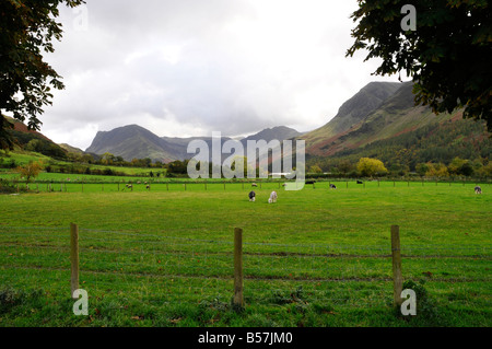 Ansicht des Fjälls in Buttermere aus vor dem Fisch-Hotel Stockfoto