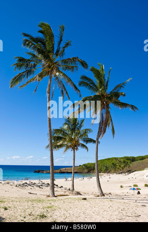 Anakena Strand, weißen Sandstrand der Insel, gesäumt von Palmen, Rapa Nui (Osterinsel), Chile, Südamerika Stockfoto