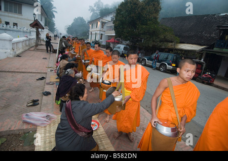 Buddhistischen Mönchen Almosen in den frühen Morgenstunden, Luang Prabang, Laos, Indochina, Südostasien, Asien Stockfoto