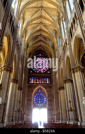 Rosenfenster betrachtet aus dem Kirchenschiff, Kathedrale Notre-Dame, Reims, Marne, Champagne-Ardenne Stockfoto