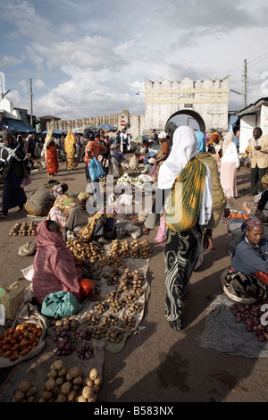 Der Markt am Eingang der Shoa-Tor, eines der sechs Tore in der Stadtmauer von Harar, Äthiopien, Afrika Stockfoto