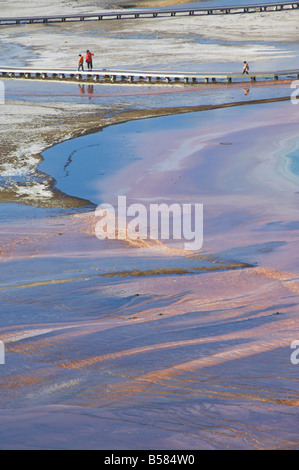 Touristen auf der Promenade über den mineralischen Abfluss aus Grand Bildobjekte Frühling, Midway Geysir, Yellowstone-Nationalpark, Wyoming Stockfoto