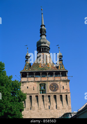 Clock Tower, im 13. und 14. Jahrhundert erbaut und im 17., Sighisoara, UNESCO-Weltkulturerbe, Transylavania umgebaut Stockfoto