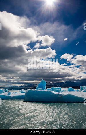 Eisberge schwimmen und schmelzen in einem sonnigen Tag im Lago Argentino in El Calafate in Patagonien, Argentinien Stockfoto