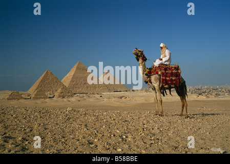 Kamel und Fahrer in der Nähe der Pyramiden, UNESCO-Weltkulturerbe, Gizeh, Kairo, Ägypten, Nordafrika, Afrika Stockfoto