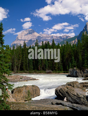 Felsen und Bäumen an einem Fluss mit den Rocky Mountains im Hintergrund British Columbia Kanada Nordamerika Stockfoto