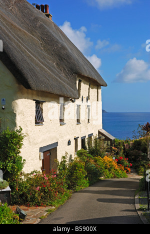 ein Reetdachhaus in der Kirche Bucht in der Nähe von Lizard in Cornwall, England, uk Stockfoto