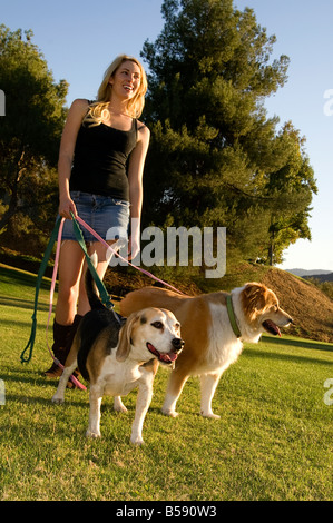 Frau auf einem Spaziergang mit einem Chow Collie Mix und ein beagle Stockfoto