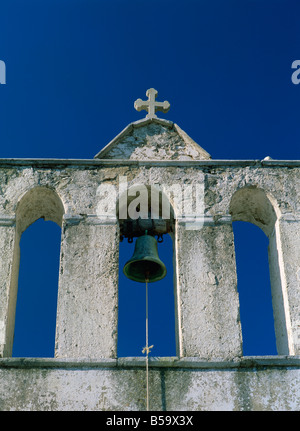 Nahaufnahme der Glockenturm der Kirche der Muttergottes von Drosiani auf Naxos Kykladen griechische Inseln Griechenland Europa Stockfoto