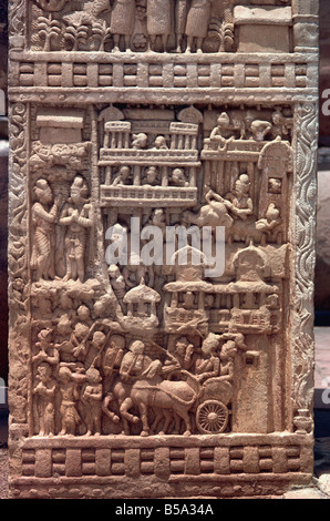 Detail der Nordtor der große Stupa Sanchi, UNESCO World Heritage Site, in der Nähe von Bhopal, Staat Madhya Pradesh, Indien Stockfoto