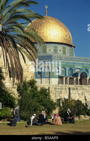 Eine Gruppe von arabischen Männern sitzen auf dem Rasen am Tempelberg in der alten Stadt von Jerusalem, Israel Stockfoto