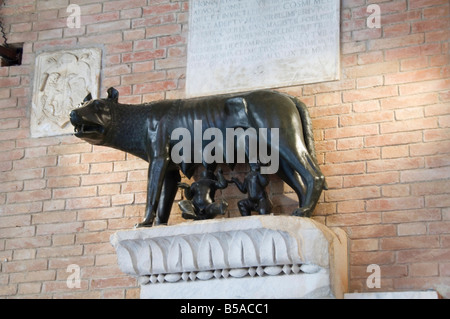 Statue, die Romulus und Remus und der She-Wolf, am Eingang zum Palazzo Pubblico, Siena, Toskana, Italien, Europa Stockfoto