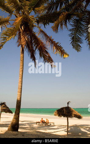 Reetgedeckte Sonnenschirme und traditionellen liegen, hergestellt aus Kokosholz am Strand von Paje, Zanzibar, Tansania, Ostafrika Stockfoto