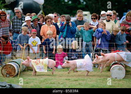 Menschenmassen beobachten Schweine Rennen in der Mayfield county Show auf dem Canterbury Plains, Südinsel, Neuseeland, Pazifik Stockfoto