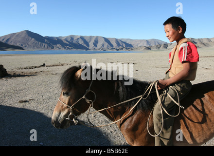 Mongolische junge auf einem Pferd Stockfoto