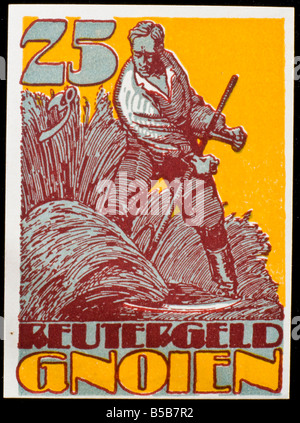 Notgeld oder Rentengeld. Notgeld gedruckt in Deutschland von 1914-22. Gnoien zeigt Bauern die Ernte Stockfoto