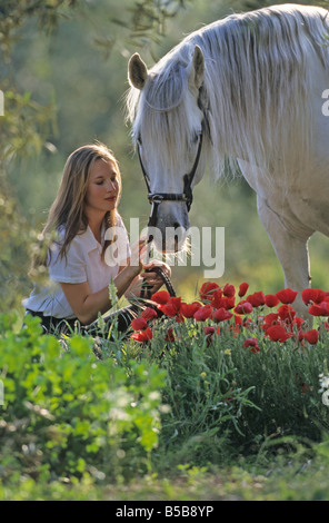 Andalusische Pferd (Equus Caballus). Junge Frau kniet neben weißen Pferd Stockfoto