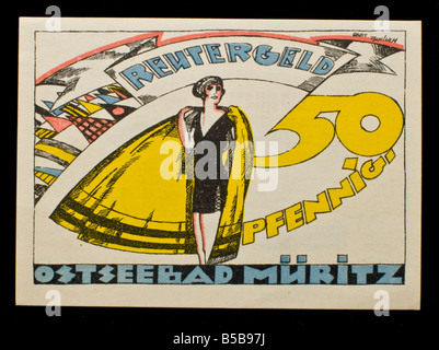 Notgeld oder Rentengeld. Notgeld gedruckt in Deutschland von 1914-22. 50pf Hinweis vom Ostseebad Müritz Stockfoto