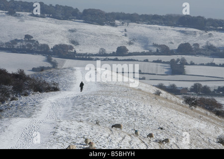 Rambler zu Fuß entlang der Icknield Way im Schnee Stockfoto