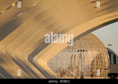 Detail des Science Museum mit Voliere der ozeanografischen im Hintergrund, Stadt der Künste und Wissenschaften, Valencia, Spanien, Europa Stockfoto