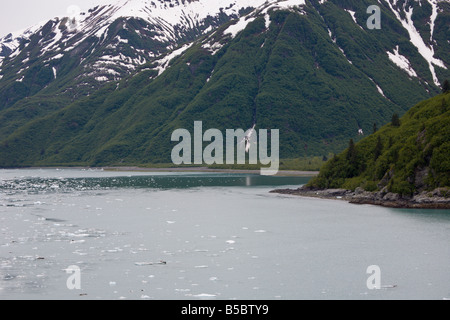 Schneebedeckte Berge und Eisstrom in den Gewässern in der Nähe von Hubbard-Gletscher in Alaska Stockfoto