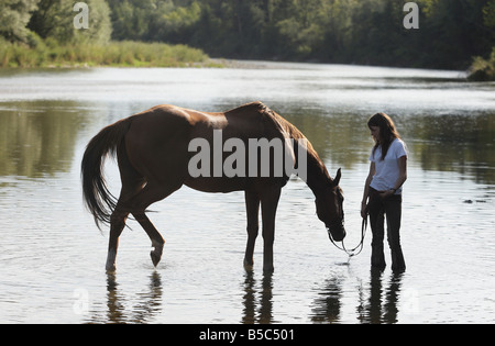 Teenager-Mädchen in seichten Fluss halten ihr trinken Pferd stehend Stockfoto