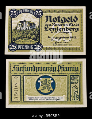 Notgeld oder Rentengeld. Notgeld gedruckt in Deutschland von 1914-22. 25 Pfennig Hinweis aus Leutenberg in Thüringen 1921 Stockfoto