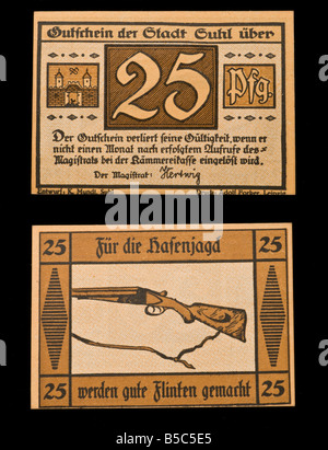 Notgeld oder Rentengeld. Notgeld gedruckt in Deutschland von 1914-22. 25 Pfennig Hinweis aus Suhl Stockfoto