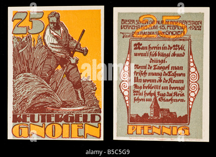 Notgeld oder Rentengeld. Notgeld gedruckt in Deutschland von 1914-22. Stockfoto