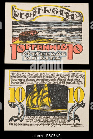 Notgeld oder Rentengeld. Notgeld gedruckt in Deutschland von 1914-22. 10 Pfennig Hinweis vom Ostseebad Müritz Stockfoto