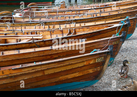 Traditionellen Lakeland Skiffs gefüllt mit Regenwasser, Ambleside, Lake Windermere im englischen Lake District, Cumbria Stockfoto