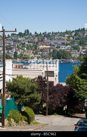 Blick auf Eastshore Nachbarschaft von über Lake Union in Seattle, Washington, USA Stockfoto