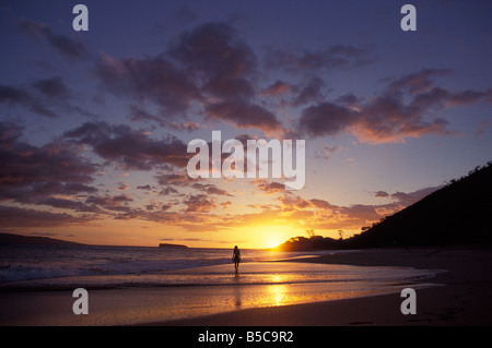 Eine junge Frau Spaziergänge am Strand bei Sonnenuntergang am Big Beach, Makena, Maui, Hawaii. Stockfoto