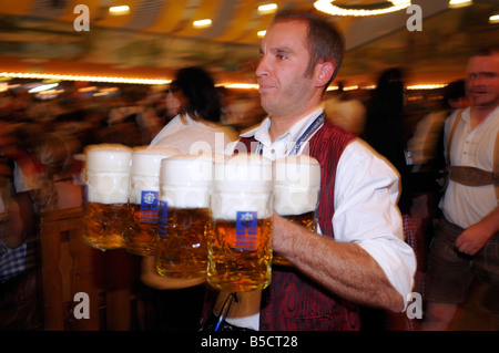 Oktoberfest-Kellner tragen Biere, München Stockfoto