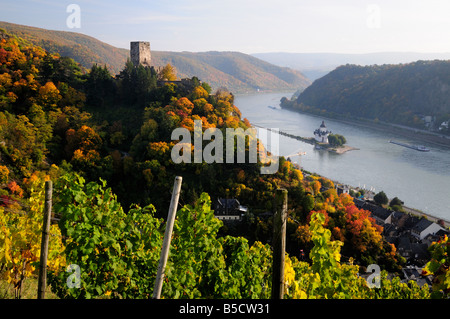 Burg mit Blick auf Rheintal im Herbst, Deutschland Stockfoto