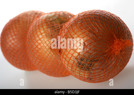 drei große Gemüsezwiebeln in net-Verpackung Stockfoto