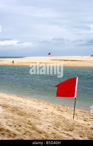 Rote Fahnen Warnung über die Gefahren des Schwimmens. Carbis Bay, Cornwall Stockfoto