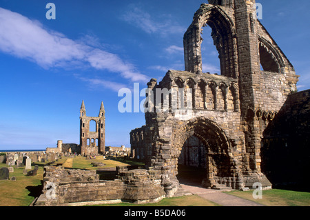Westgiebel im Vordergrund mit dem großen Ost-Fenster im Hintergrund, St. Andrews, Fife, Schottland Stockfoto