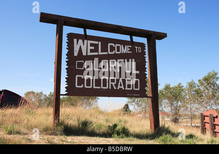 Ein Willkommen Zeichen an der Nebraska/Colorado Grenze. Stockfoto