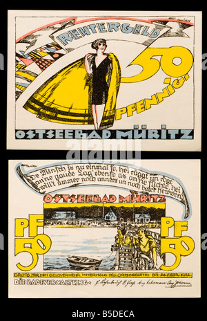 Notgeld oder Rentengeld - Notfall Währung gedruckt in Deutschland von 1914-22. 50 Pfennig Hinweis vom Ostseebad Müritz Stockfoto
